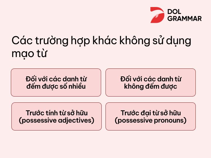 các trường hợp khác không sử dụng mạo từ